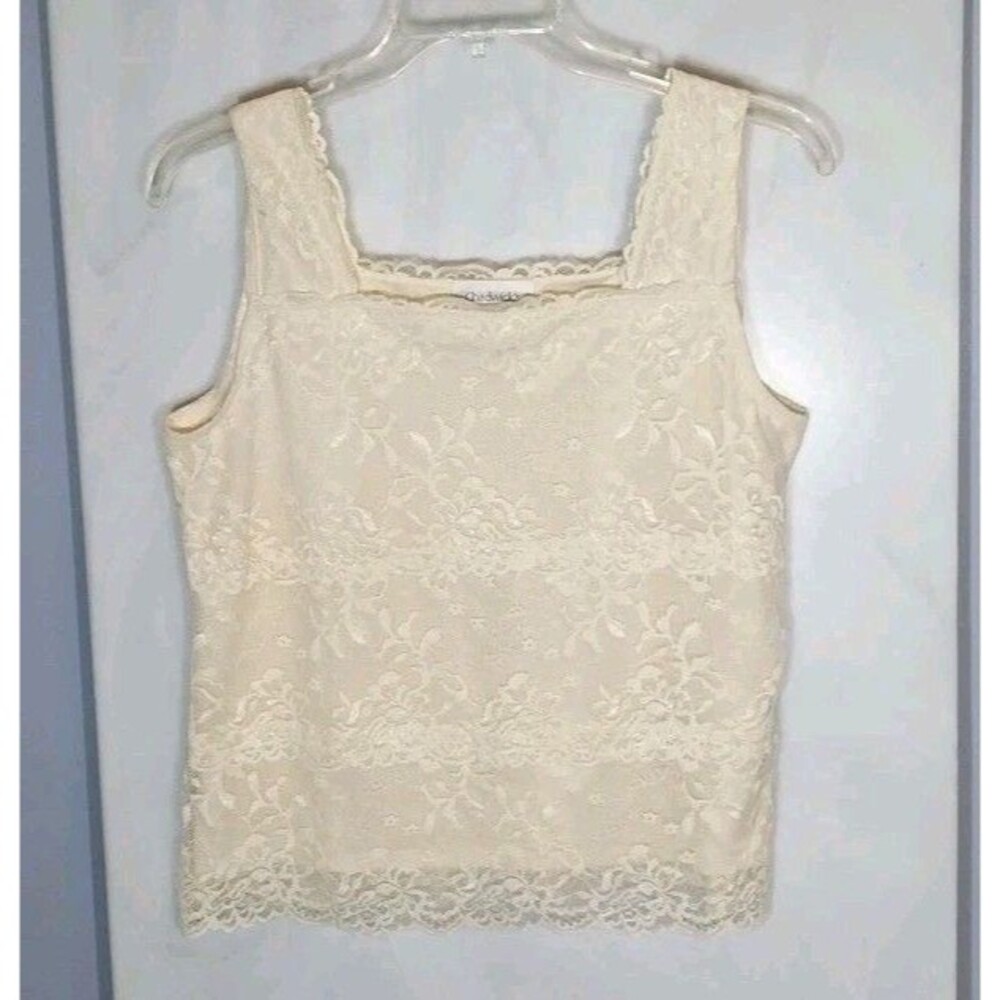 Vtg Shell Cami Tank Top Womens XL Ivory Floral Lace Coquette Y2K Scalloped Hem